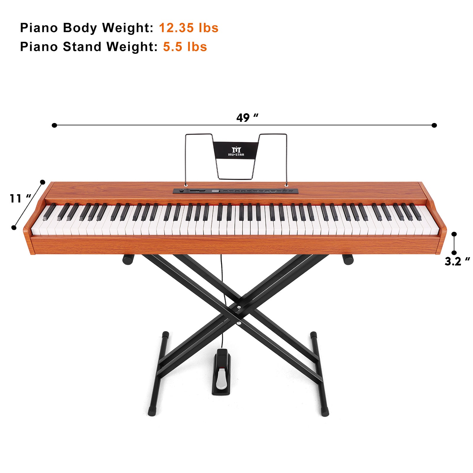 MUSTAR MEP-1600, Digital Piano 88 Keys Electronic Keyboards, Semi Weighted Electric Piano, Bluetooth Connection, Sustain Pedal, Brown