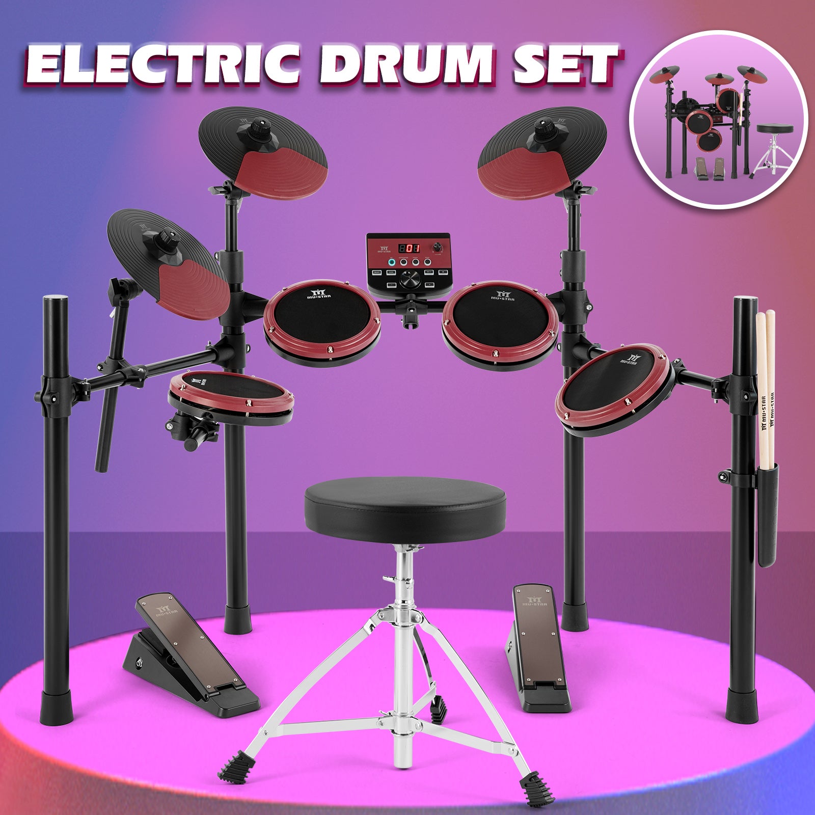 MUSTAR MED-200, Electronic Drum Set, 180 Sounds, 15 Kits, For Kids, Birthday Gift