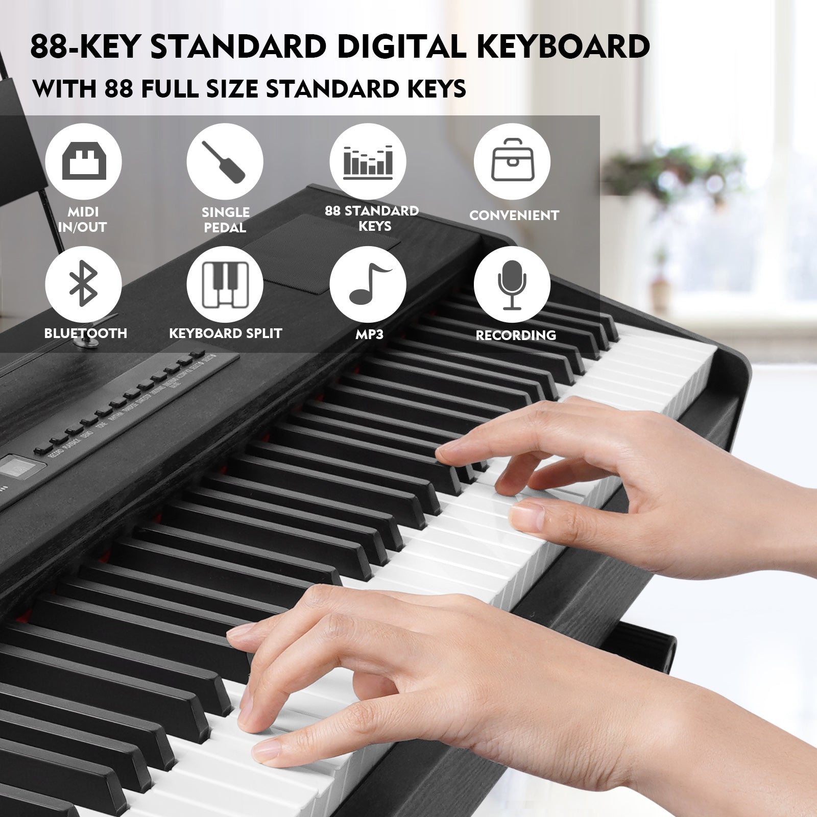 MUSTAR MDP-1200, 88 Key Weighted Digital Piano Wooden Electronic Keyboards, Hammer Action，Bluetooth Connection，MIDI, Sustain Pedal, Black，80demo 600 rhythms 800 tones，2×20W stereo speakers