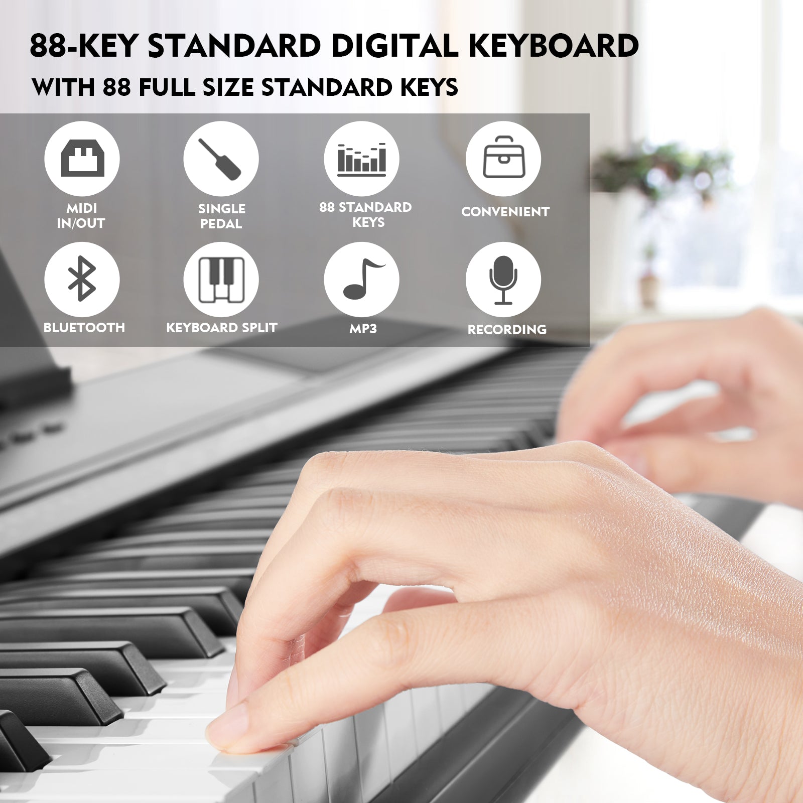 MUSTAR MEP-1100, 88 keys Digital Piano, Semi Weighted Keyboard Piano, Electronic Keyboards for Beginners, Sustain Pedal, USB/MIDI/Bluetooth, ABS, 128 Rhythms, 2 built-in 25W Stereo Speakers, Black