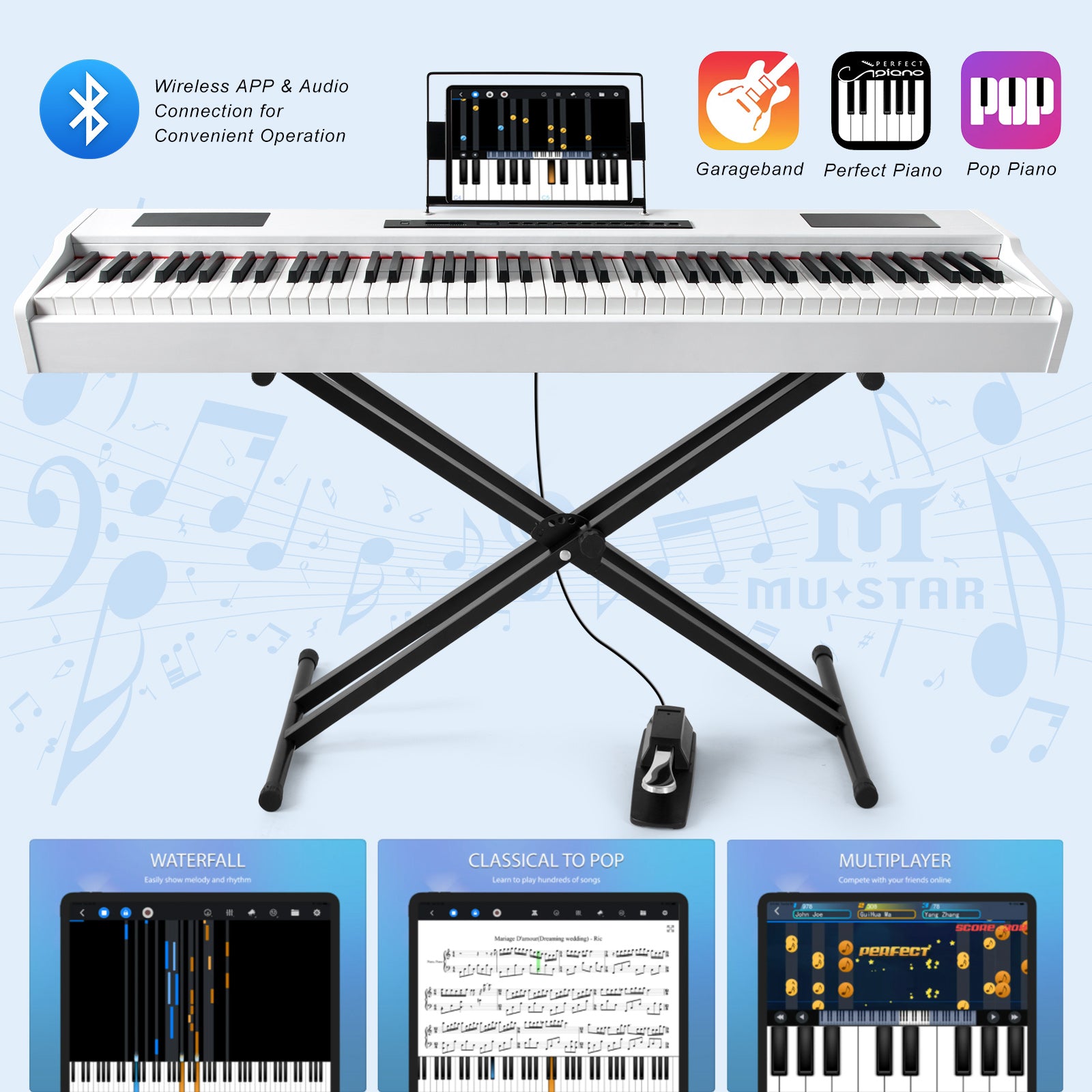 MUSTAR MDP-1300, 88 Key Weighted Digital Piano Wooden Electronic Keyboards, Hammer Action，Bluetooth Connection, MIDI, Sustain Pedal, 80 demo 600 rhythms 800 tones，2×20W stereo speakers, White