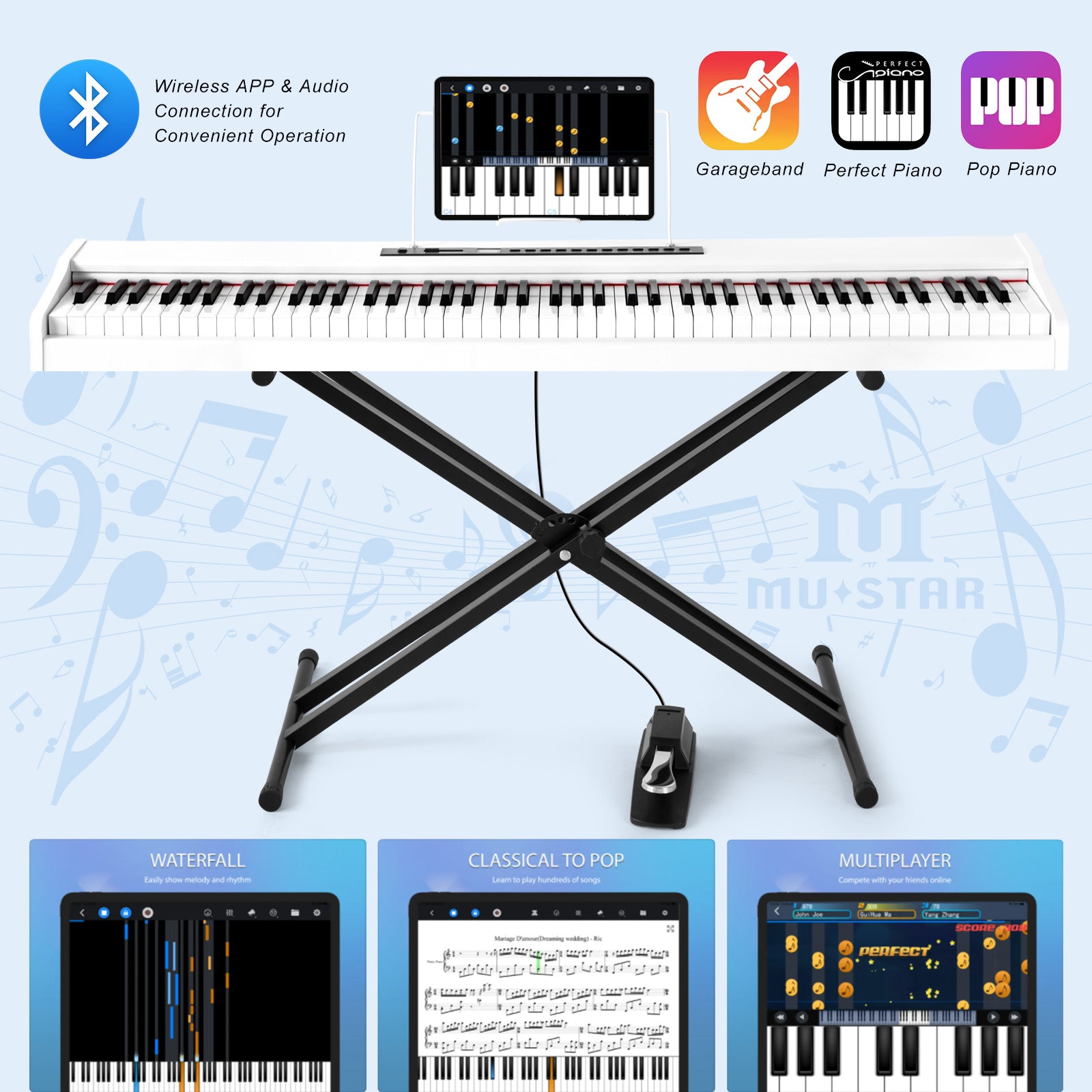 MUSTAR MEP-1000, Digital Piano 88 Keys Electronic Keyboards, Semi Weighted Electric Piano, Bluetooth Connection, Sustain Pedal, White