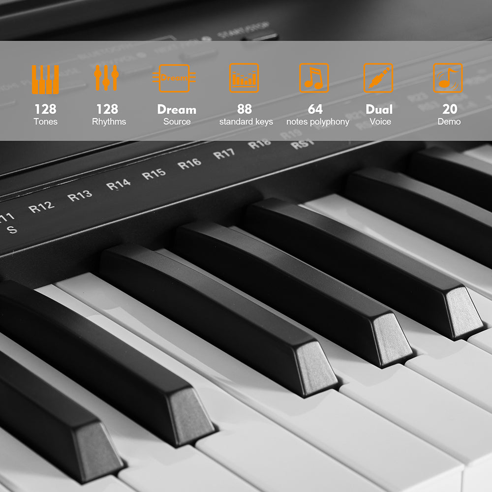  MUSTAR Piano digital de 88 teclas ponderadas con soporte, 88  teclas semi ponderadas MEP-1100, teclado de piano eléctrico 88 teclas para  principiantes, 2 altavoces estéreo de 25 W, funda, pedal de : Instrumentos  Musicales