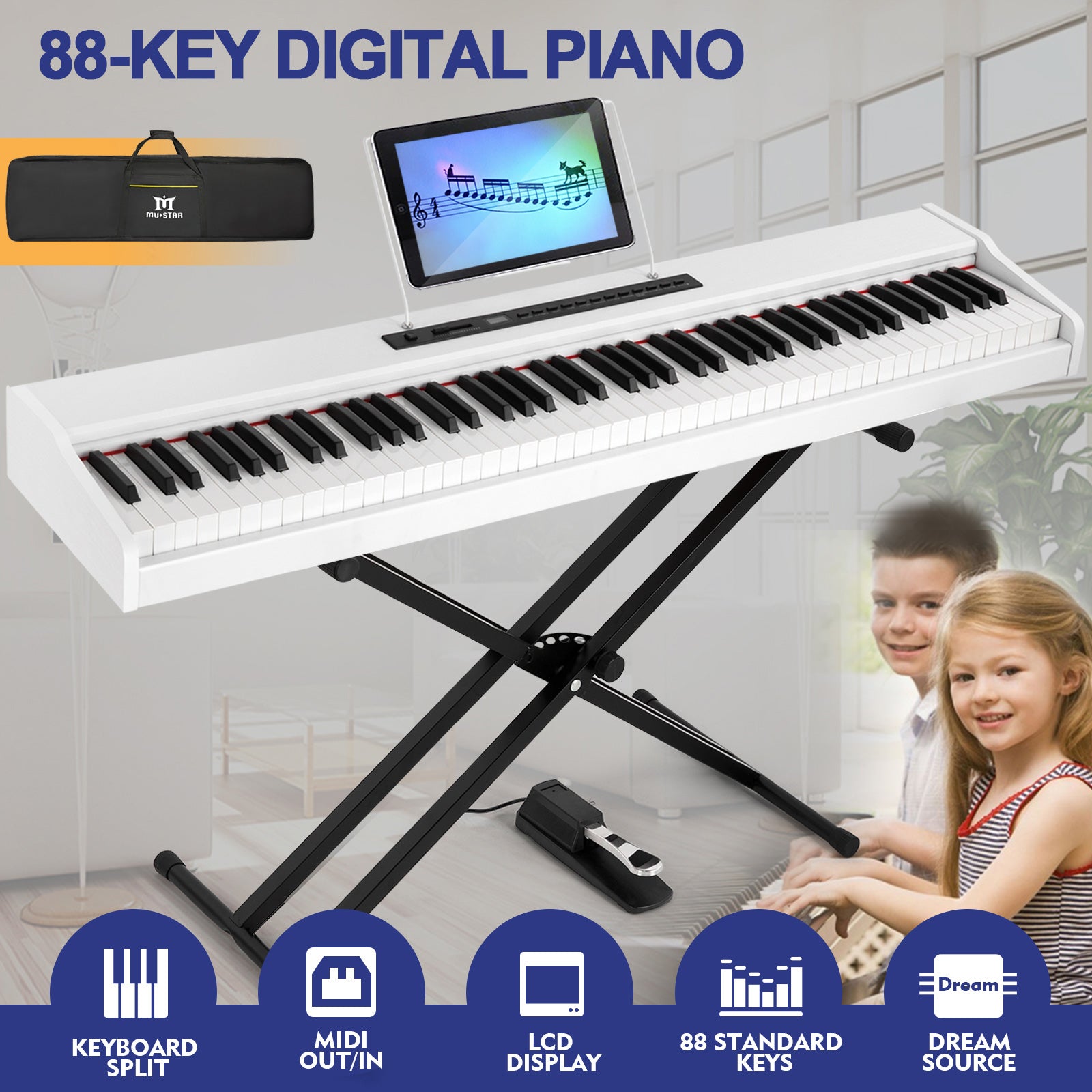 MUSTAR MEP-1000, Digital Piano 88 Keys Electronic Keyboards, Semi Weighted Electric Piano, Bluetooth Connection, Sustain Pedal, White