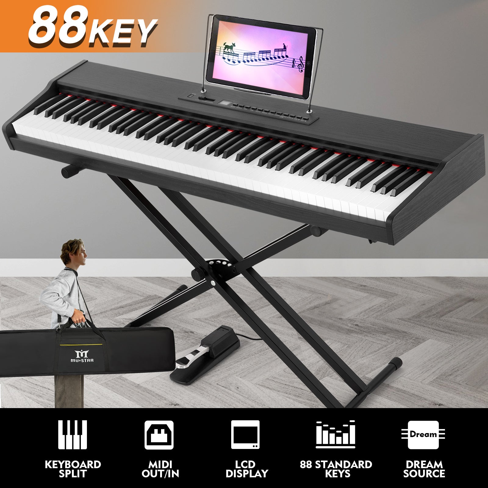 MUSTAR MEP-900, Digital Piano 88 Keys Electronic Keyboards, Semi Weighted Electric Piano, Bluetooth Connection, Sustain Pedal, Black