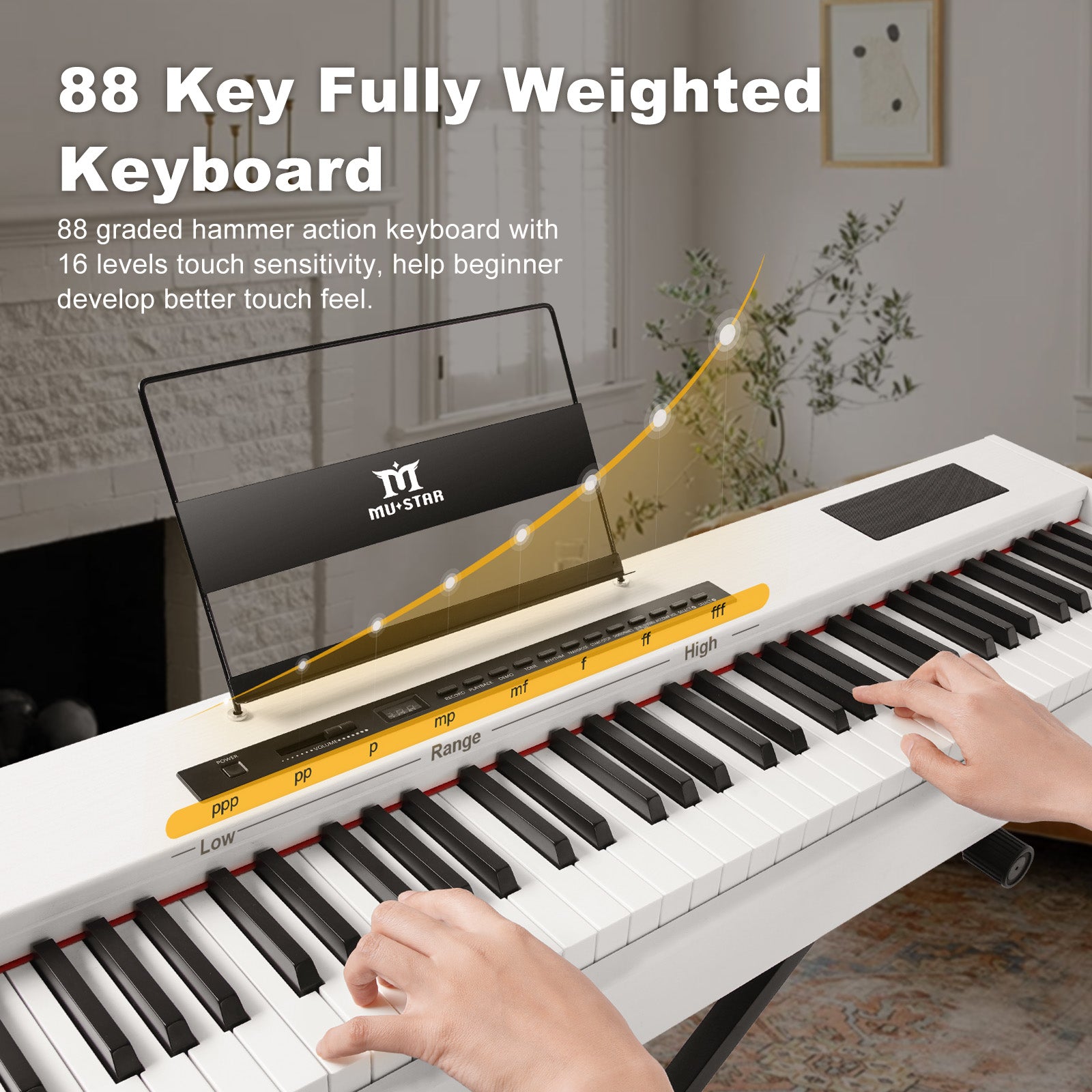 88 Key Weighted Digital Piano，MUSTAR MDP-1300,  Wooden Electronic Keyboards, Hammer Action，Bluetooth Connection, MIDI, Sustain Pedal, 80 demo 600 rhythms 800 tones，2×20W stereo speakers, White