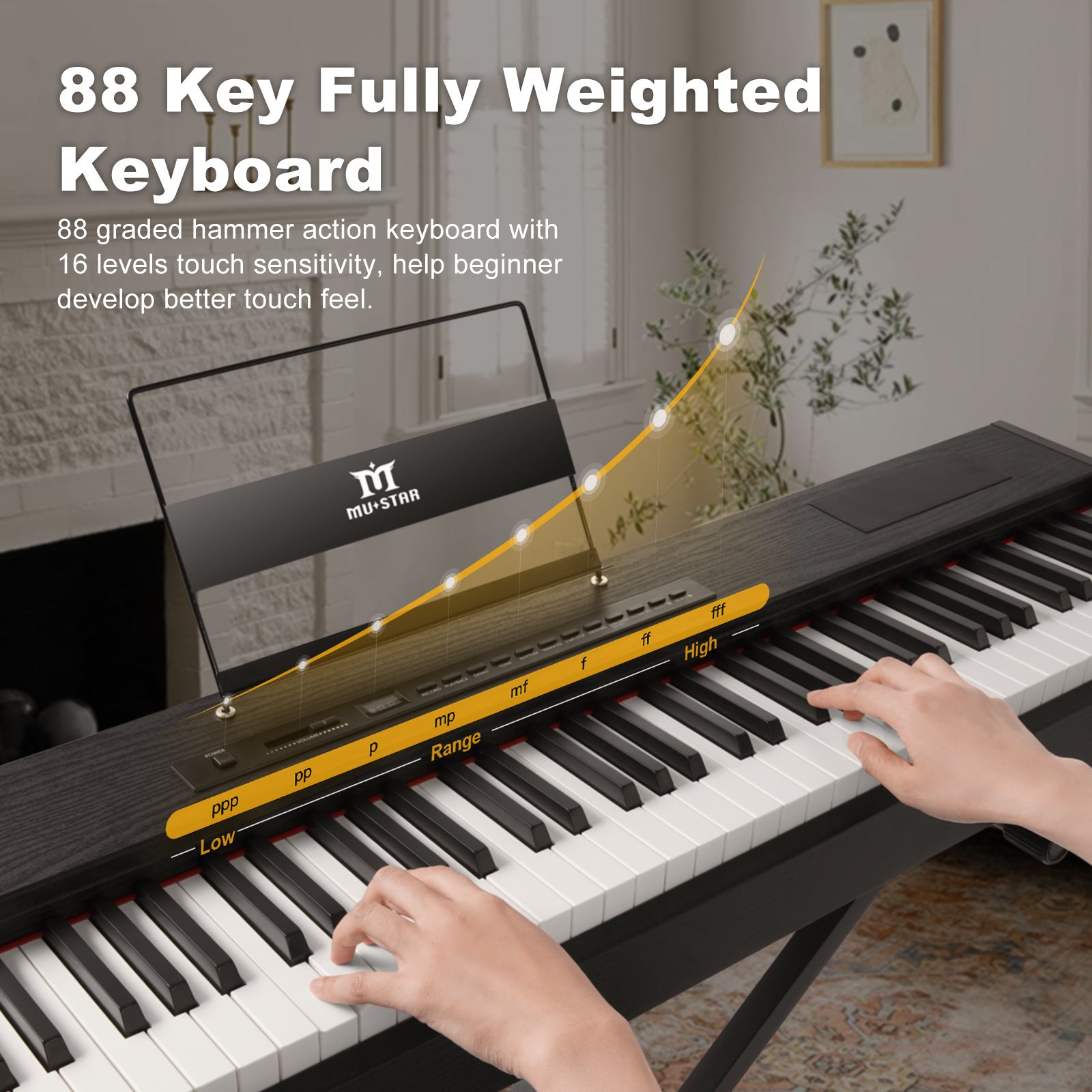 MUSTAR MDP-1200, 88 Key Weighted Digital Piano, Wooden Electronic Keyboards, Hammer Action，Bluetooth Connection, MIDI, Sustain Pedal, 80 demo 600 rhythms 800 tones,Black