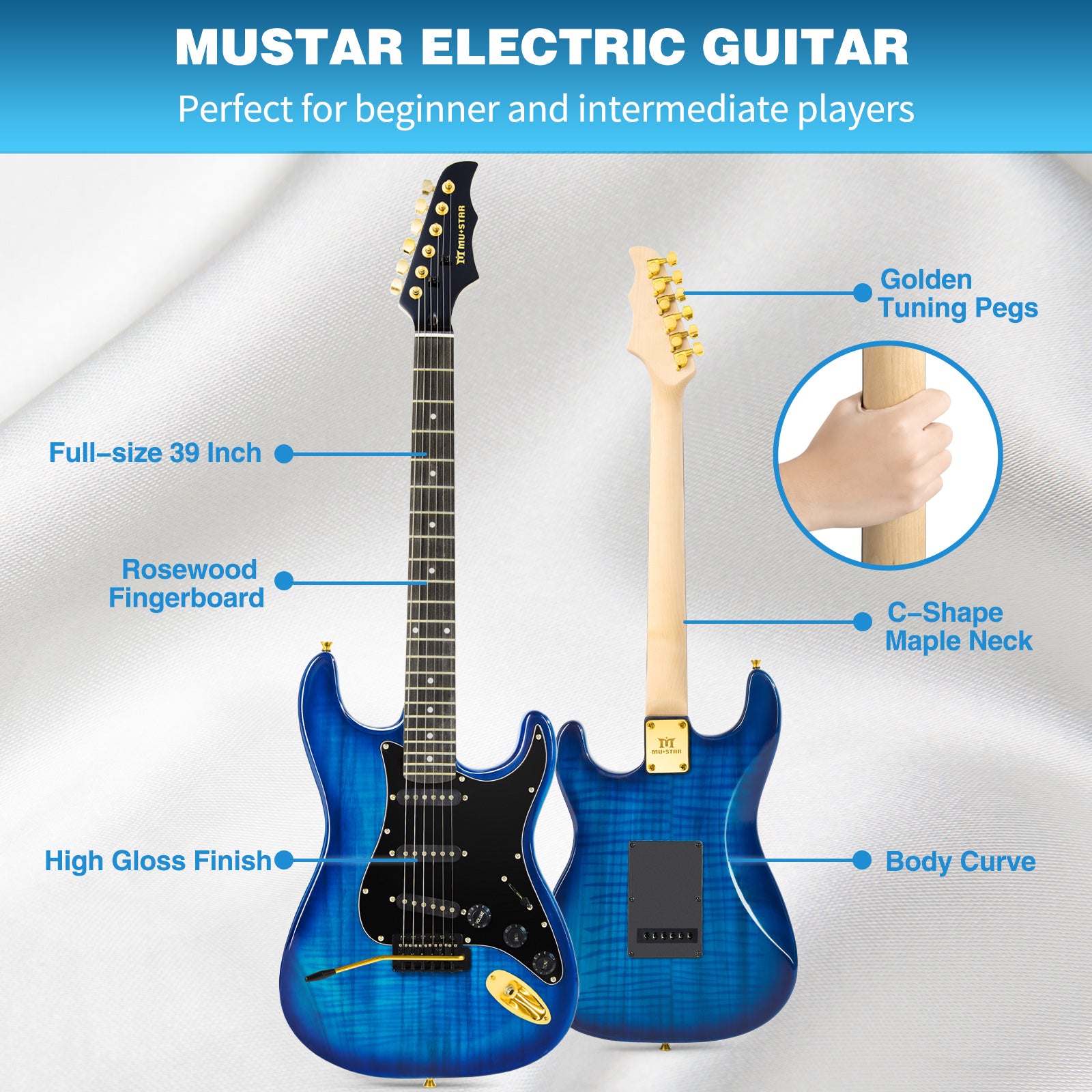 MUSTAR MEG-200, Electric Guitar Kit with 25W Amplifier, Solid Wood Electric  Guitar Kits Beginner (Blue)