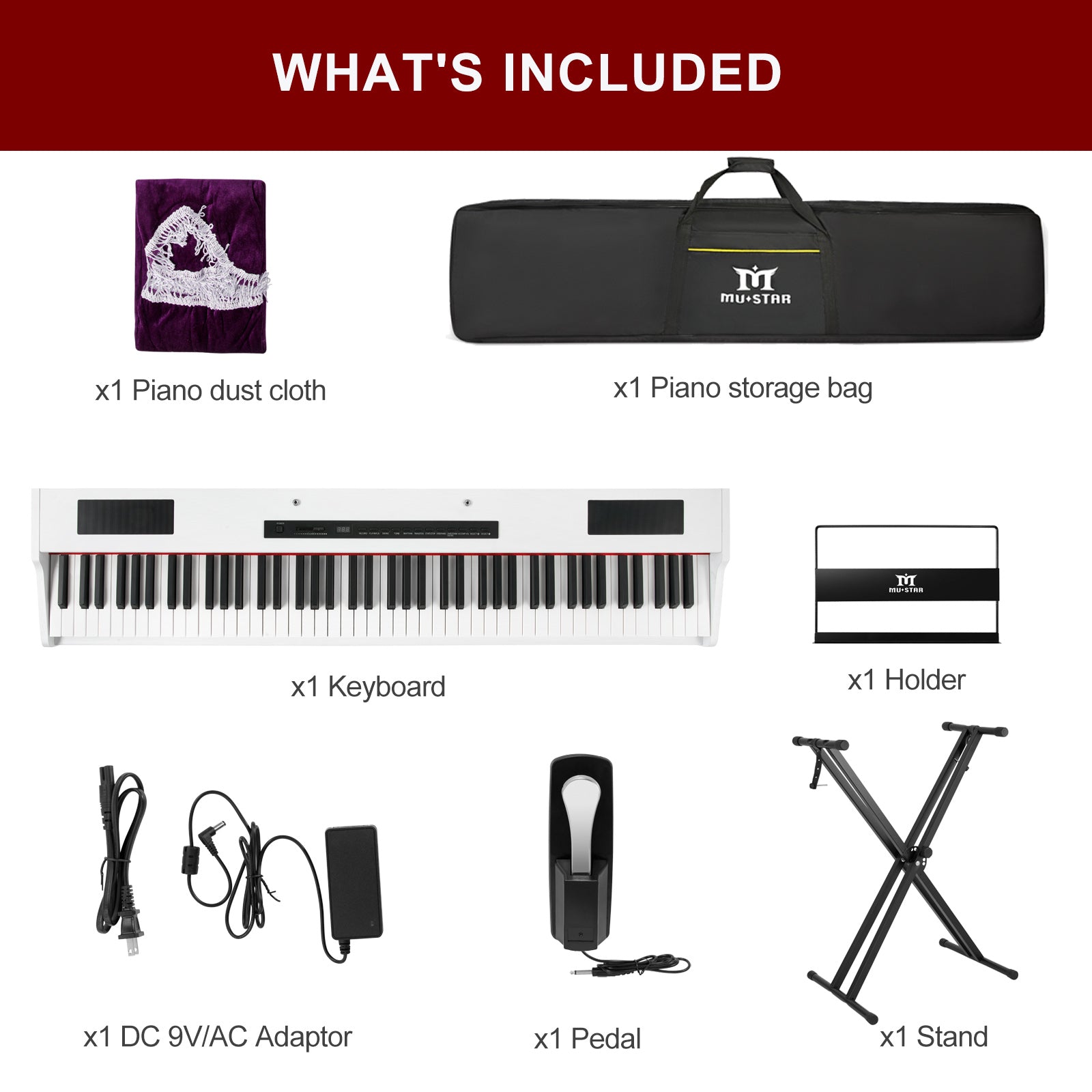 MUSTAR MDP-1300, 88 Key Weighted Digital Piano Wooden Electronic Keyboards, Hammer Action，Bluetooth Connection, MIDI, Sustain Pedal, 80 demo 600 rhythms 800 tones，2×20W stereo speakers, White